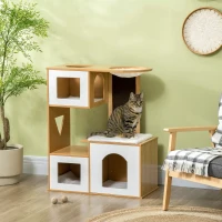 PawHut Casa para Gatos com 3 Casas de Madeira Almofadas Laváveis Placa de Arranhar e Rede 76x37x92,5cm Carvalho(m-10)