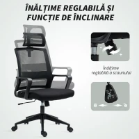 HOMCOM Scaun de birou ergonomic cu tetieră și înălțime reglabilă, funcție de balansare și roți, negru(m-6)