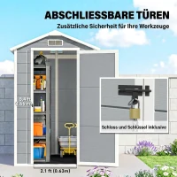Outsunny Gartenschuppen, Kunststoff-Gartenhaus mit Boden, Fenster, verschließbare Türen, für Garten, 131B x 186T x 198H cm, Grau(m-6)