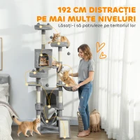 PawHut Copac de zgâriat pentru pisici cu scară, 2 hamace, 3 platforme, 2 căsuțe și 3 locuri de odihnă, 48x48x192 cm, Gri și Crem(m-4)