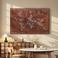 HOMCOM Quadros Decorativos Mapa Múndi Vintage Pintados à Mão 120x60 cm Quadros de Arte de Parede com Moldura de Madeira Castanho(m-10)