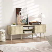 HOMCOM Meuble TV, meuble télé jusqu'à 65 pouces avec 2 portes, 2 compartiments ouverts, étagère réglable, 140x35x49cm, chêne(m-9)