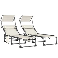 Outsunny Conjunto de 2 Espreguiçadeiras Jardim Dobráveis com Encosto Reclinável 5 Posições e Assento em Malha Creme(m-1)