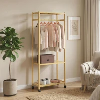 HOMCOM Suport de haine din bambus, cu bară, rafturi și 4 roți, 70x35x175 cm, lemn natural(m-2)