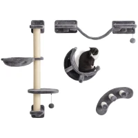 PawHut Kletterwand Katzen 4-teilig Katzen Kletterwand Set mit Hängematte, Katzenbrücke bis zu 5 kg, Dunkelgrau(m-12)