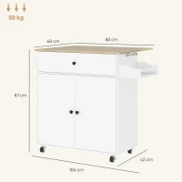 HOMCOM Insulă de Bucătărie cu Sertar, Dulap, Suport pentru Condimente și Prosoape, 106x42x87 cm, Alb și Stejar(m-3)