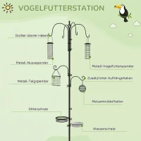 PawHut Vogel Futterstation 226 cm Vogelfutterstation mit 6 Haken, 4 hängenden Futterspendern Erdspieß, Freistehend(m-4)