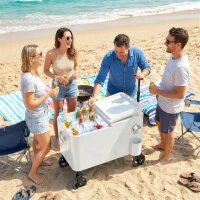 Outsunny Carro Frigorífico de 56L com Rodas Pega Ajustável Abre-garrafas Recolhe-tampas Dreno 75x35x120 cm Branco(m-10)