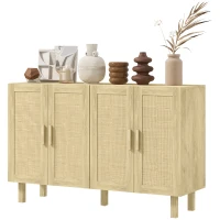 HOMCOM Aparador de Sala de Estar com 4 Portas com Rede em Vime e Prateleiras Ajustáveis Aparador para Cozinha 120x39,5x76 cm Madeira(m-12)