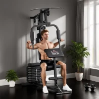 HOMCOM Máquina de Musculação com Pesos Ajustáveis de 45 kg, Press de Peito e Pernas, Polia 135x103x210 cm, Preto(m-2)