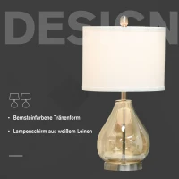 HOMCOM Tischlampe 2er-Set Tischleuchte mit Leinen-Lampenschirm, Glas tropfenförmigen Stangen, Nachttischlampe mit E27-Fassung, für Schlafzimmer, Wohnzimmer, Weiß(m-4)