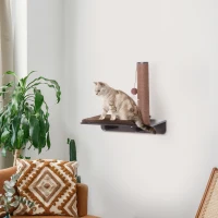 PawHut Kletterwand Katzen, Wandkratzbaum, Katzenliege mit Kratzbaum,53cm Katzenregal mit Ballspielzeug, Plüschauflage, Katzenkratzbaum, Katzensäule, Braun(m-10)