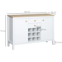 HOMCOM Aparador de Cozinha com 2 Gavetas 2 Armários com Prateleiras Ajustáveis e Suporte para 9 Garrafas 110x35x75 cm Branco e Madeira(m-3)