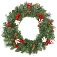 HOMCOM Ghirlandă de Crăciun de 60 cm cu 146 ramuri cu zăpadă artificială, conuri, fructe de pădure și globuri, verde(m-1)