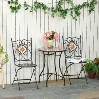 Outsunny Ensemble Bistro 2 Places 3 pièces Style Fer forgé mosaïque céramique Motif Rose des Vents chaises Pliables(m-10)