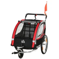 HOMCOM Reboque de Bicicleta para Crianças acima de 18 Meses 2 em 1 Carrinho de Passeio de 2 Lugares com Freio de Mão Cinto de Segurança Bandeira e Refletores 142x75x101cm Vermelho(m-12)