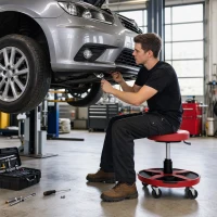 HOMCOM Taburet mobil pentru atelier cu tavă Înălțime reglabilă de 40-52 cm Capacitate 135 kg cu roți pentru garaj Roșu(m-5)