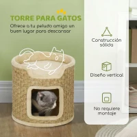 PawHut Barril Rascador para Gatos Altura 37 cm Torre para Gatos con Cueva y Cama Superior Cubierto de Sisal Caqui(m-4)