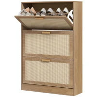 HOMCOM Dulap Pantofar pentru 18 Perechi de Pantofi cu 3 Sertare Rabatabile din Lemn și Ratan, 80x25x120 cm, Maro(m-12)