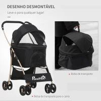 PawHut Carrinho para Animais de Estimação 3 em 1 Dobrável com Bolsa de Transporte Cesta de Armazenamento e Travão 82x49,5x98cm Preto(m-5)