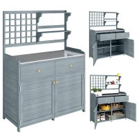 Outsunny Pflanztisch mit Unterschrank Outdoor Holz Gartenschrank mit verzinkter Arbeitsplatte 2 Schubladen 104x44x140 cm Hellgrau(m-12)