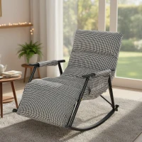 HOMCOM Poltrona Baloiço com Encosto e Apoia-Pés Ajustáveis 105° Estofada em Linho com Bolso Lateral e Estrutura de Metal Preto e Branco(m-9)