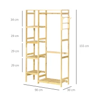 HOMCOM Suporte para Cabides de Bambu Cabideiro com Prateleiras de 4 Níveis com Barra Prateleira Inferior e Cabide Lateral 90x30x155cm Madeira(m-3)