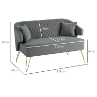 HOMCOM Sofá de 2 Lugares Estofado em Veludo Sofá Sala de Estar com 2 Almofadas e Pés de Aço Dourado Sofá Pequeno 124x69x76 cm Cinza(m-3)
