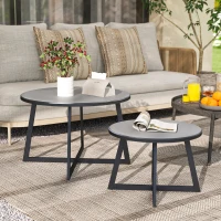Outsunny 2er Set Beistelltisch Stapelbar Gartentisch Rund wetterfest Balkontisch mit X-Beine Glasplatte Stahl Schwarz+Grau(m-2)