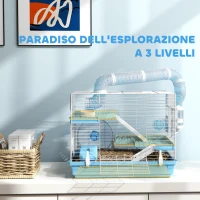 PawHut Gabbia per Criceti a 3 Piani con Casetta, Ruota, Ciotola per Cibo, Bottiglia e Tubi, Azzurro(m-5)