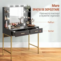 HOMCOM Masă de Machiaj cu 2 Sertare, 6 Rafturi, Oglindă și Taburet, din Lemn și Oțel, 90x45x132,5 cm, Negru(m-9)