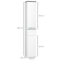 kleankin Mobile Bagno con Ripiano Regolabile, 2 Ripiani Chiusi e un Cassetto in Legno, 30x28x180 cm, Bianco(m-3)