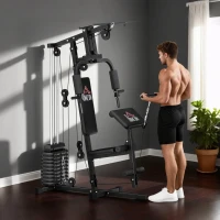 HOMCOM Máquina de Musculação com Pesos Ajustáveis de 45 kg, Press de Peito e Pernas, Polia 135x103x210 cm, Preto(m-10)