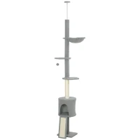 PawHut Arranhador para Gatos de Chão a Teto com Altura Ajustável de 220-240 cm Rede Plataformas em Flor Cavernas Rampa e Bola Cinza(m-11)