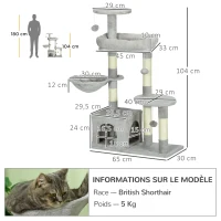 PawHut Arbre à chat hauteur 104 cm centre d'activités multi-niveaux colonnes renforcées 3 boules suspendues gris clair(m-3)