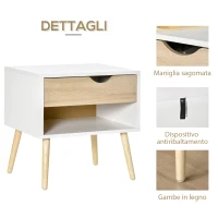 HOMCOM Set di 2 Set de 2 Noptiere Moderne cu Sertar şi  Etajera, Baza Înalţata şi Picioare din Lemn , 50x39x51cm, Alb şi Stejar (m-10)