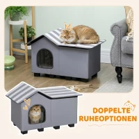 PawHut Katzenhaus Wasserabweisend Katzenhütte mit Abnehmbar Satteldach Wärmeisolierung Plattform 70x43x45 cm Oxforfstoff Grau(m-6)