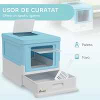 PawHut Litteră pentru Pisici Închisă cu Lopățică, Tavă Retractabilă și 2 Uși, 47.5x35.5x36.7cm, Albastră(m-4)
