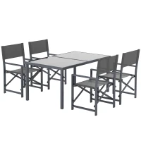 Outsunny Sitzgruppe 5-teilig Essgruppe Stahl für 4 Personen Esstisch mit 4 klappbar Stühlen Glastisch Grau(m-1)