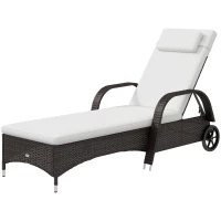 Outsunny Espreguiçadeira de Vime Jardim Espreguiçadeira com Encosto Ajustável em 5 Posições Almofadas Acolchoadas Apoio para a Cabeça e 2 Rodas 200x73x56-103cm Marrom e Bege(m-12)