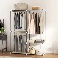 HOMCOM Armário de Roupa Aberto 142x43x185 cm Armário para Roupas com 4 Prateleiras de Tecido 3 Barras para Pendurar Creme(m-10)