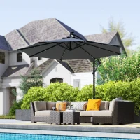 Outsunny Chapéu de Sol Excêntrico  Ø294 cm com 32 Luzes LED Solares Base Cruzada e Capa de Proteção Anti-UV 30+ Cinza Escuro(m-10)