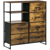 HOMCOM Kommode mit sechs Schubladen, offene Regale, MDF und Stahl, 84x30x92 cm, Braun/Schwarz, verstellbare Füße(m-12)