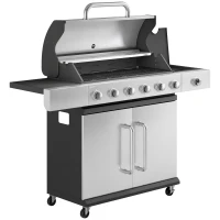 Outsunny Gasgrill 18,6 KW 6+1 Brenner BBQ Grillwagen aus Edelstahl inkl Rolle Thermometer Warmhalterost Seitentisch Unterschrank(m-1)