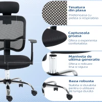 Scaun de birou ergonomic Vinsetto cu șezut reglabil și tetieră, din poliester și oțel, 63x62x106-114 cm, Negru(m-7)