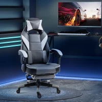 Vinsetto Ergonomischer Bürostuhl, Gaming Stuhl, Drehstuhl mit Lendenkissen und Fußstütze, Kunstleder, Grau, Weiß, Schwarz, 68 x 70 x 120-127 cm(m-2)