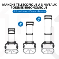 HOMCOM Chariot diable pliable leger telescopique charge 70kg en aluminium argent-noir(m-5)
