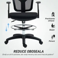 Scaun Rotativ HOMCOM cu Inel pentru Picioare și Spătar Curbat, din Poliester, Spumă și Plastic, 55x58x94 cm, Negru(m-4)