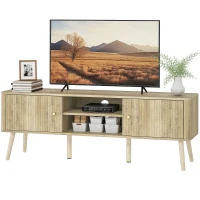 HOMCOM Meuble TV, meuble télé jusqu'à 65 pouces avec 2 portes, 2 compartiments ouverts, étagère réglable, 140x35x49cm, chêne(m-12)