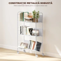 HOMCOM Cărucior Portalibri Modern pe 3 Niveluri cu Roți Pivotante pentru Cărți și Reviste, 69x26x108 cm, Alb(m-4)
